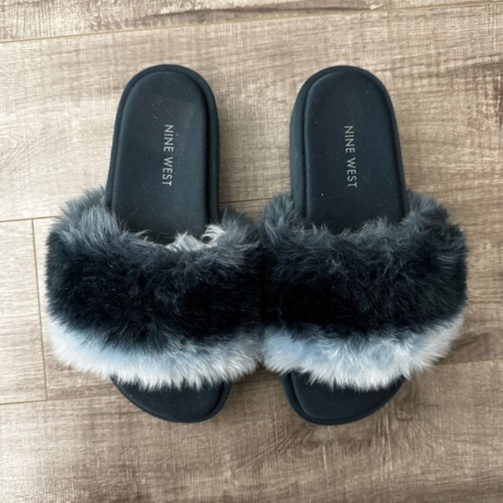Nine West Blue Faux Fur Stripe Platform Slide Sandals Size 7